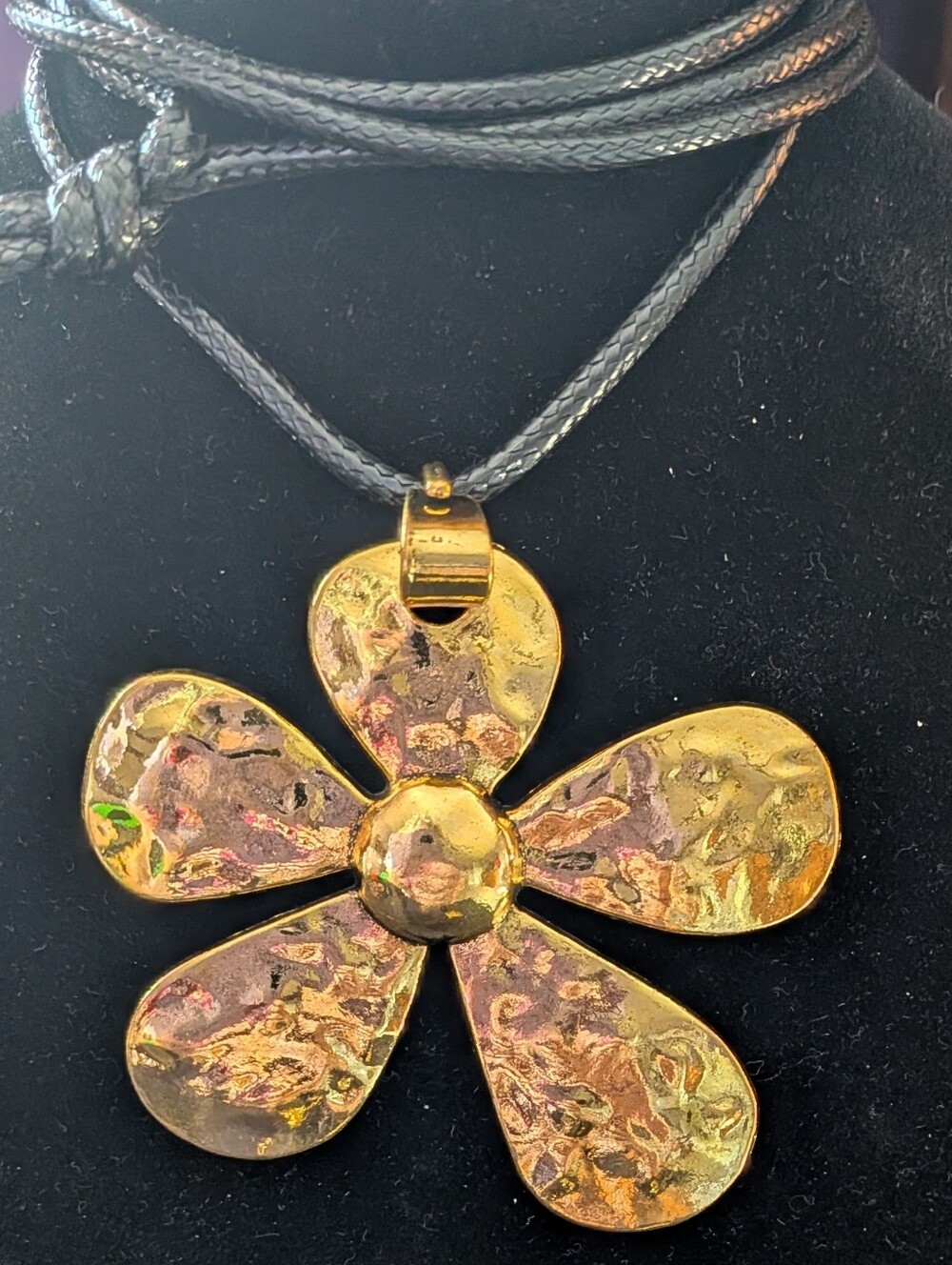 Gold Flower Hammered Pendant Necklace - 34 Inch Cord